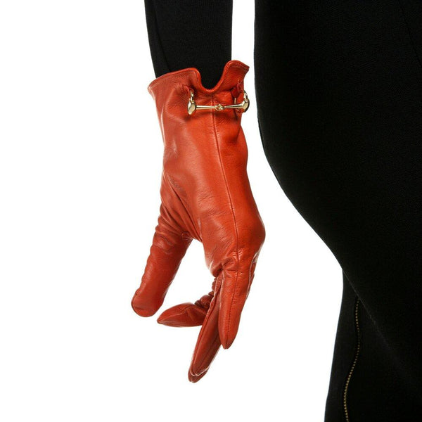 Mit Seide gefütterte Lederhandschuhe mit Trensendetails und Isabella-Rückenverschluss