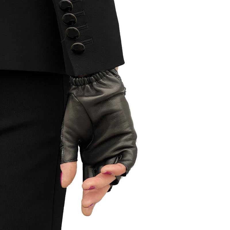 Fingerlose schwarze Lederhandschuhe für Damen-Anastasia Anguila