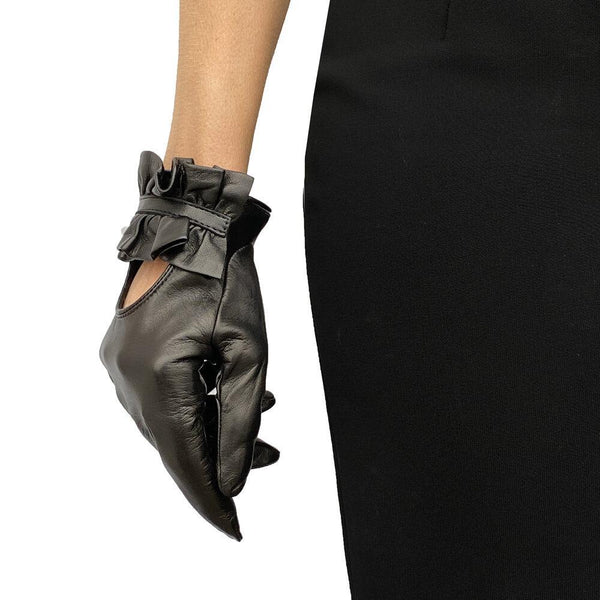 Schwarze Lederhandschuhe aus Lammleder für Damen mit gerafften Bündchen am Rücken-Haylee