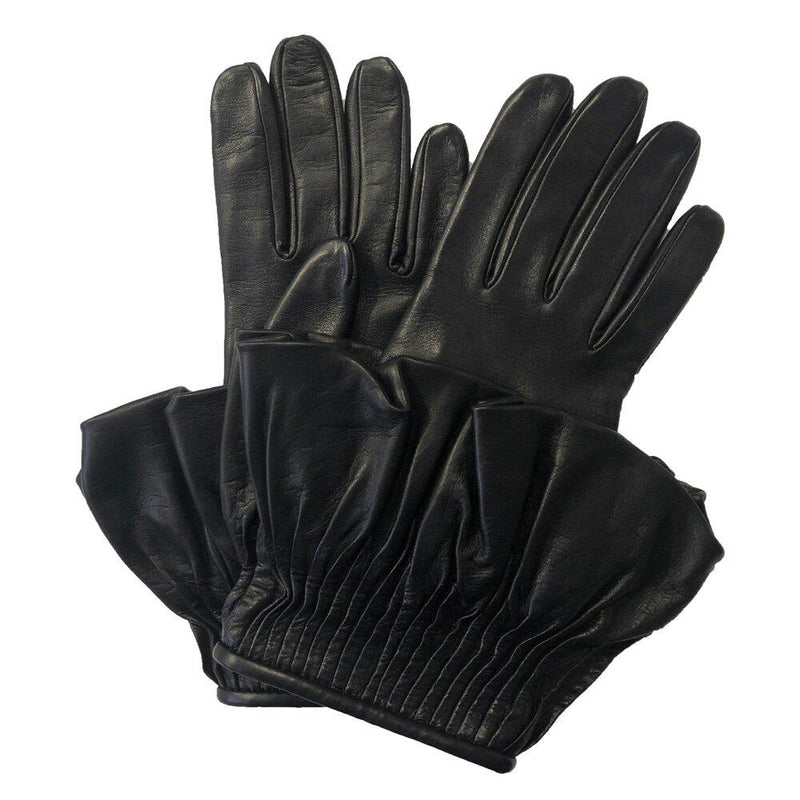 Mit Seide gefütterte schwarze Lederhandschuhe für Damen mit plissiertem Handgelenk-Detail-Faye