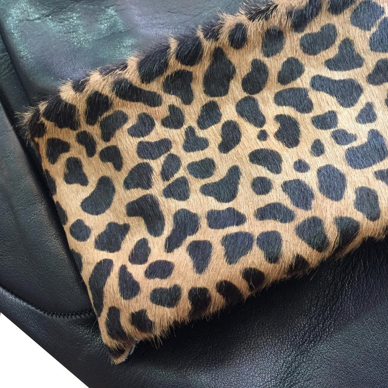 Damen-Handschuhe aus schwarzem italienischem Leder mit Leopardenmanschetten-Francesca-Manschette