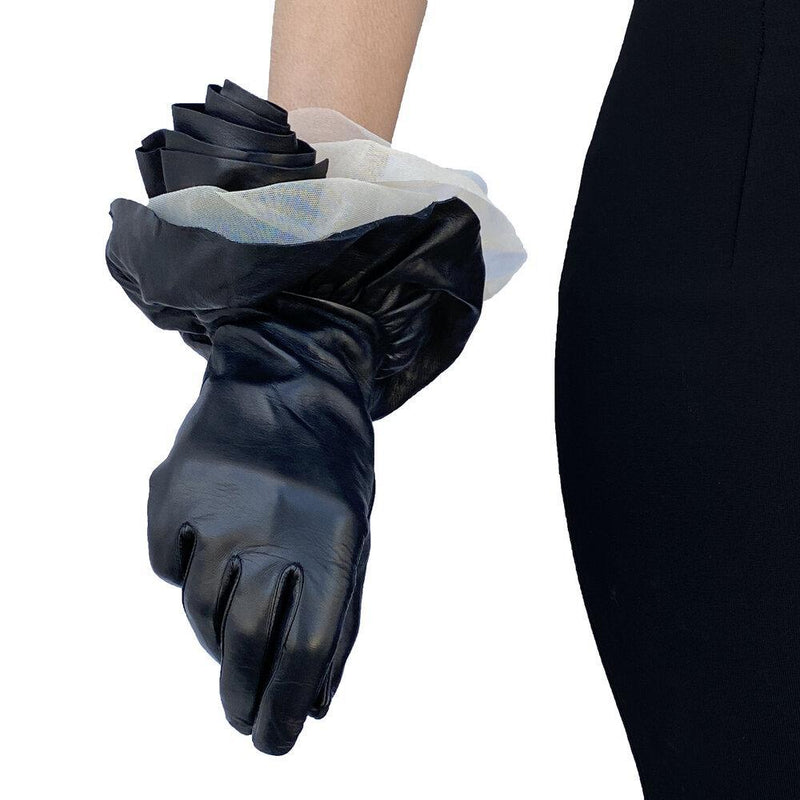 Damenseide gefüttert ausgestellte Manschette schwarze Lederhandschuhe-Issey