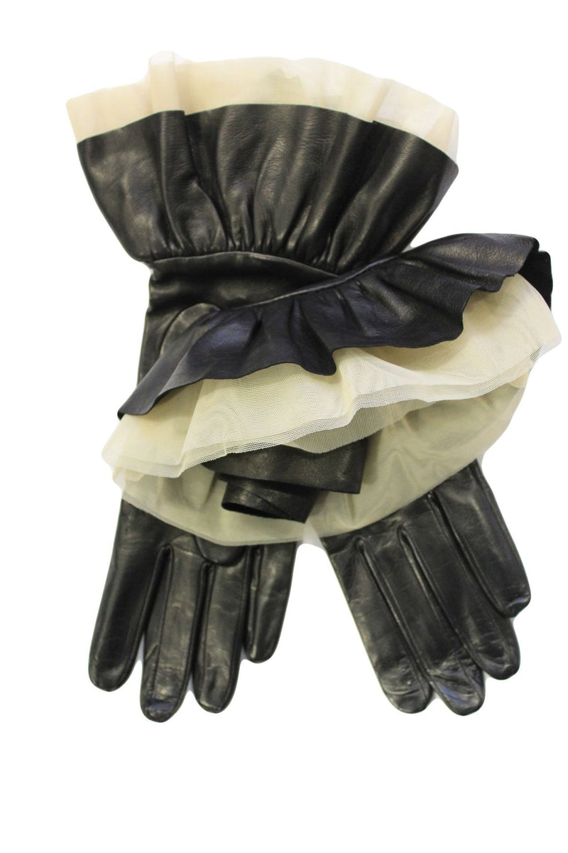 Damenseide gefüttert ausgestellte Manschette schwarze Lederhandschuhe-Issey