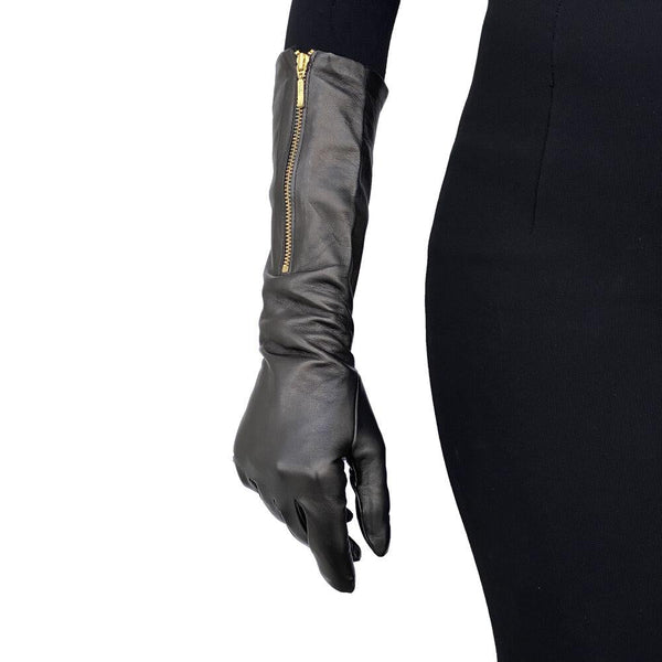 Ellbogenlange Lederhandschuhe mit Reißverschluss für Damen - Jacqueline 8BT