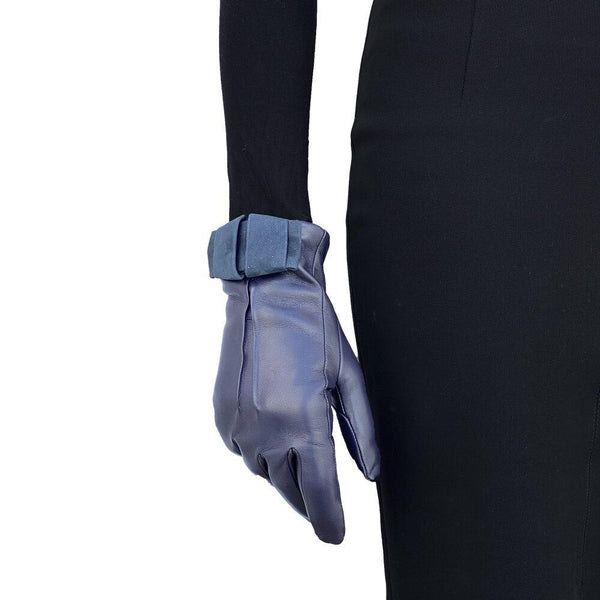 Mit Kaschmir gefütterte Lederhandschuhe für Damen mit Schleife aus Wildleder