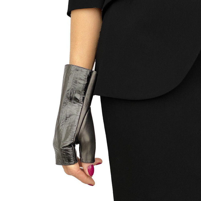Fingerlose klassische Lederhandschuhe für Damen mit Rubinmanschette