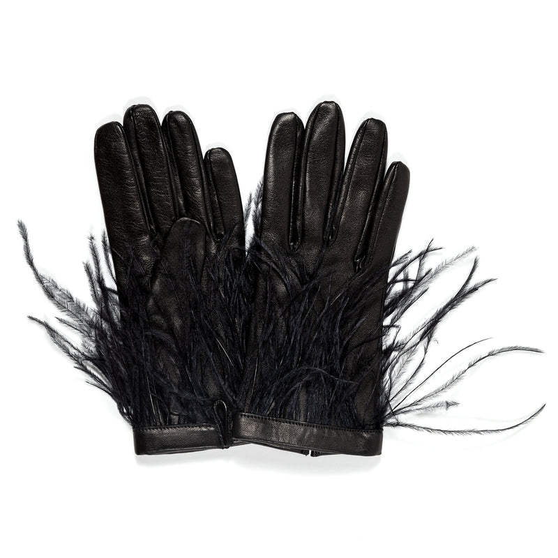Damenhandschuhe aus schwarzem Leder mit Seidenfutter und Stulpe aus Straußenfedern -Simone