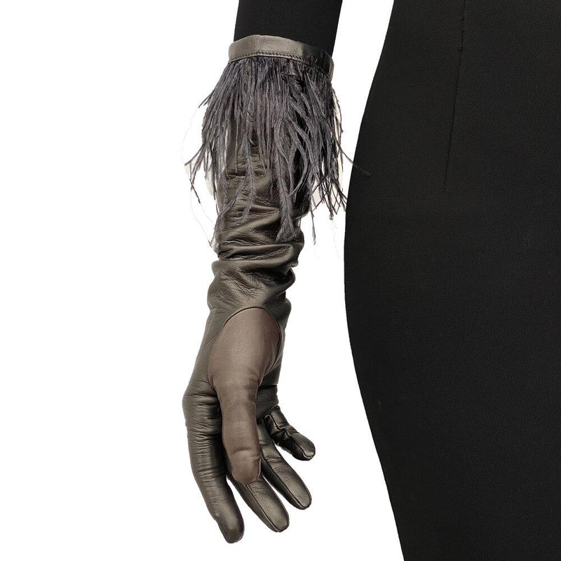 Mit Seide gefütterte Lederhandschuhe für Damen mit Bündchen aus Straußenfedern-Simone 8BT