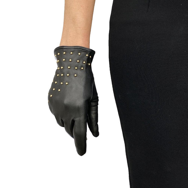 Nietenbesetzte Lederhandschuhe für Damen mit festgezogenen Handgelenksmanschetten - Winnie Wood