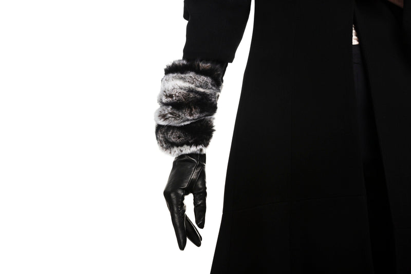 Schwarze Damen-Lederhandschuhe mit spektakulärem Kaninchenfell-Manschette-Veronique Rex