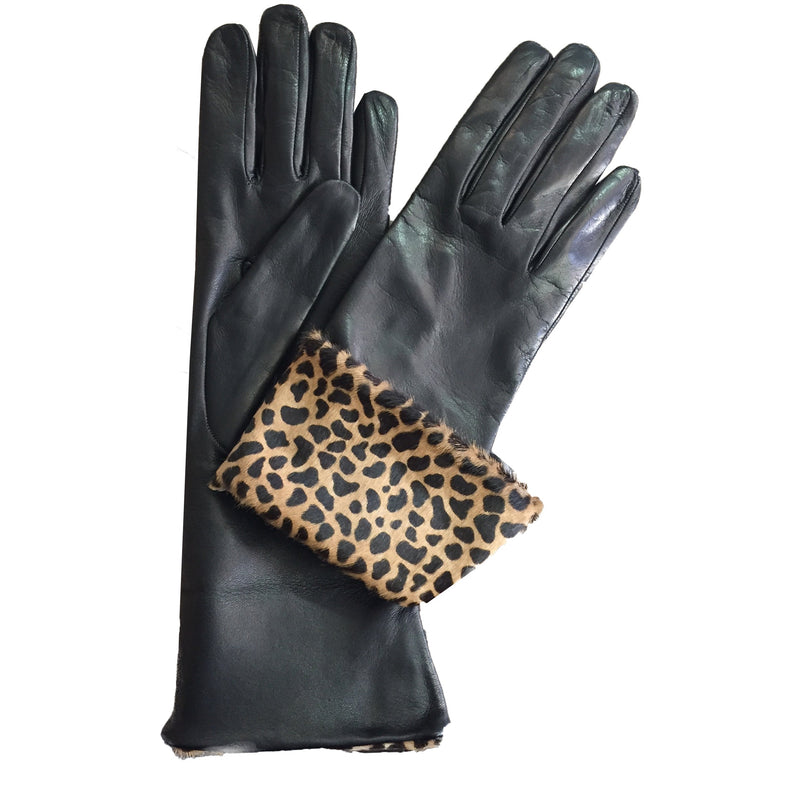 Damen-Handschuhe aus schwarzem italienischem Leder mit Leopardenmanschetten-Francesca-Manschette