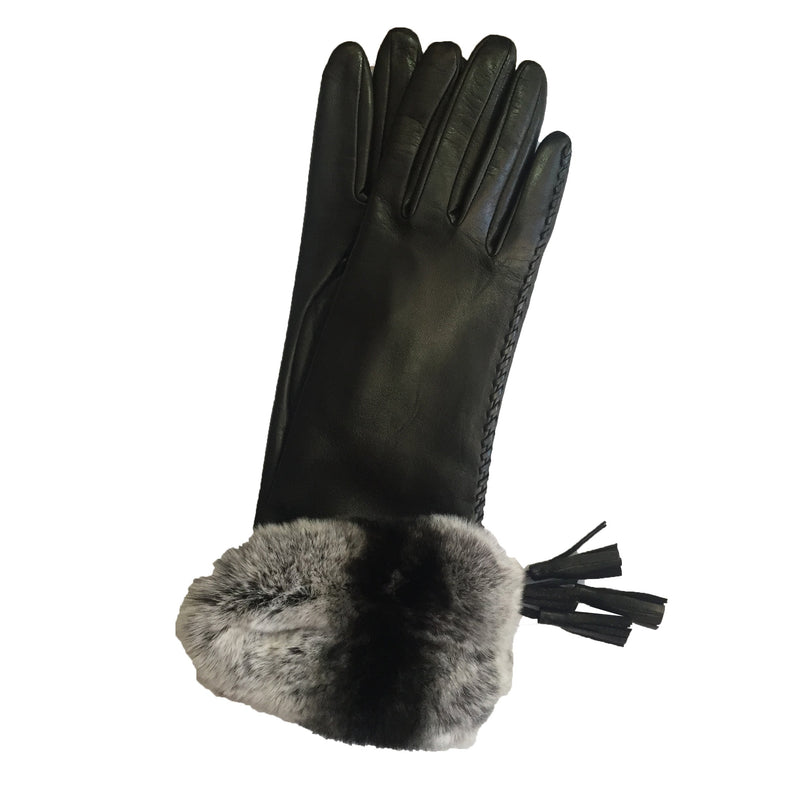 Damen-Handschuhe aus Seiden-Lind-Leder mit Kaninchenfell-Manschetten-Veronique-Quaste