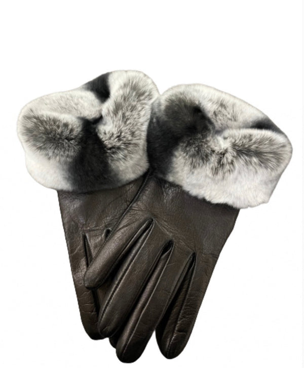 Mit Kaschmir gefütterter Lederhandschuh für Damen mit Kaninchenfellmanschetten - Veronique-Schaufel