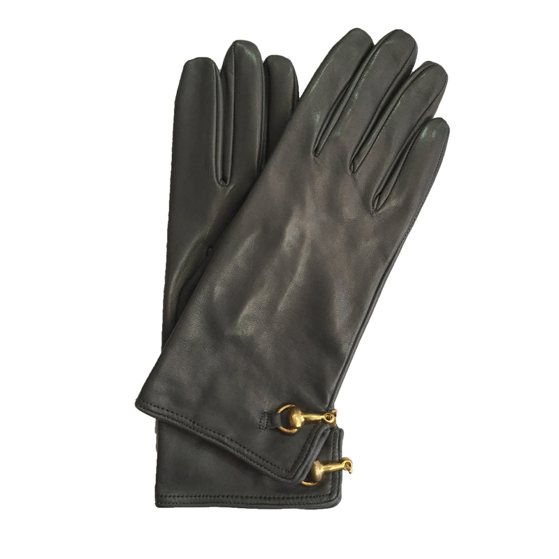 Mit Seide gefütterte Lederhandschuhe mit Trensendetails und Isabella-Rückenverschluss