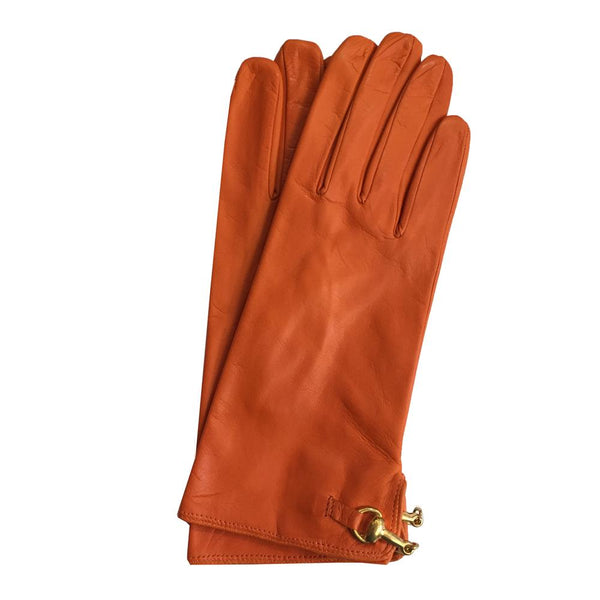 Mit Seide gefütterte Lederhandschuhe mit Trensendetails und Isabella-Rückenverschluss