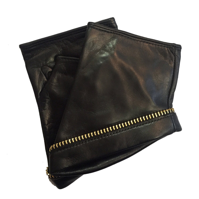 Fingerloser Damen-Reißverschluss aus schwarzem Leder mit Manschetten-Jacqueline