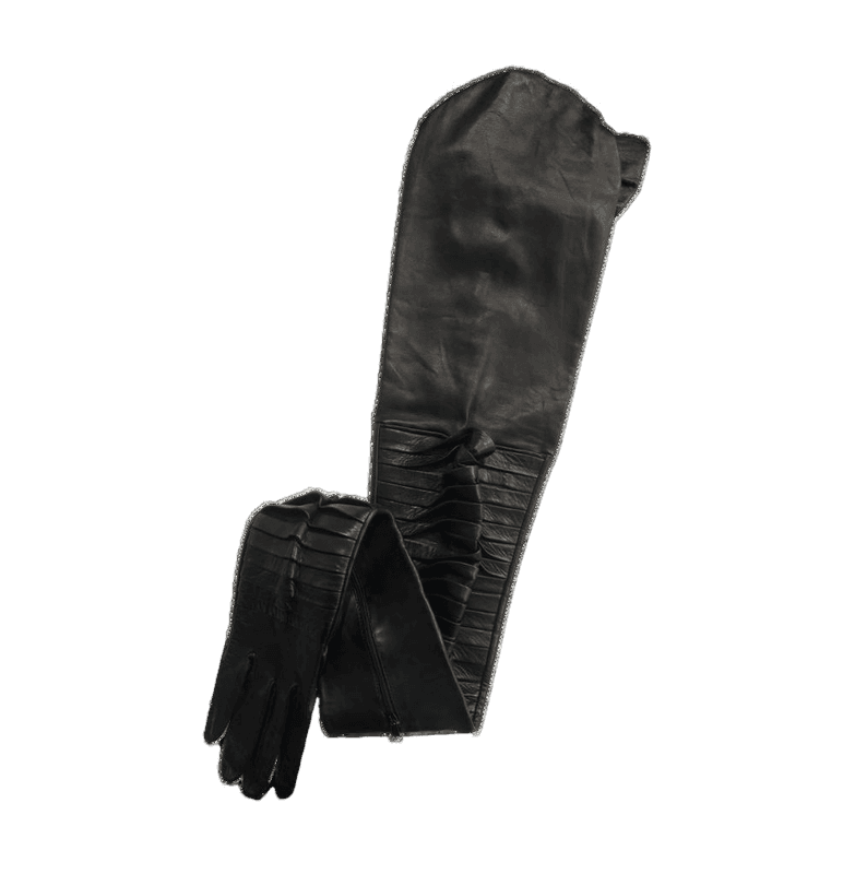 Lange geraffte schwarze Lederhandschuhe für Damen - Lola Layered