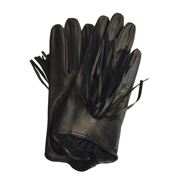 Damenhandschuhe aus schwarzem Leder mit Seidenfutter und Fransendetail-Rhona