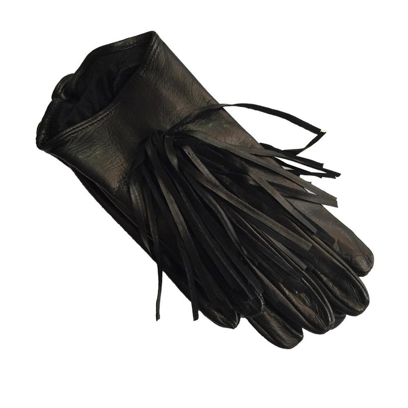 Damenhandschuhe aus schwarzem Leder mit Seidenfutter und Fransendetail-Rhona