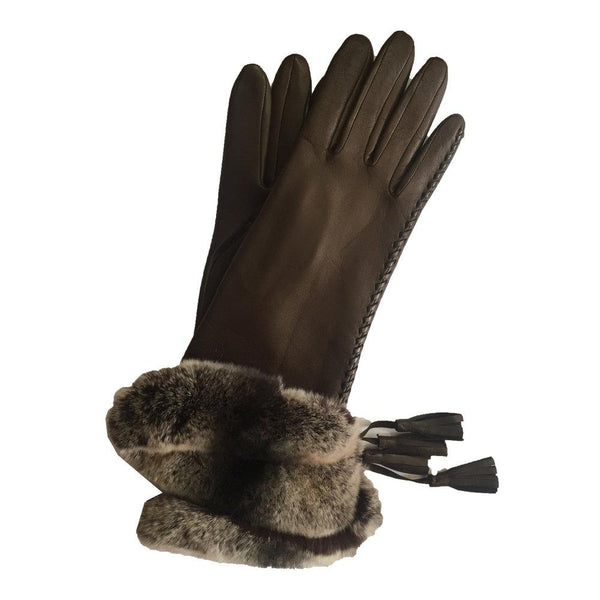 Damen-Handschuhe aus Seiden-Lind-Leder mit Kaninchenfell-Manschetten-Veronique-Quaste