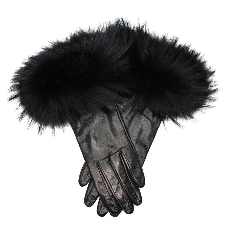 Massive lange Lederhandschuhe aus Fuchspelz für Damen-Veronique Massive Long Black
