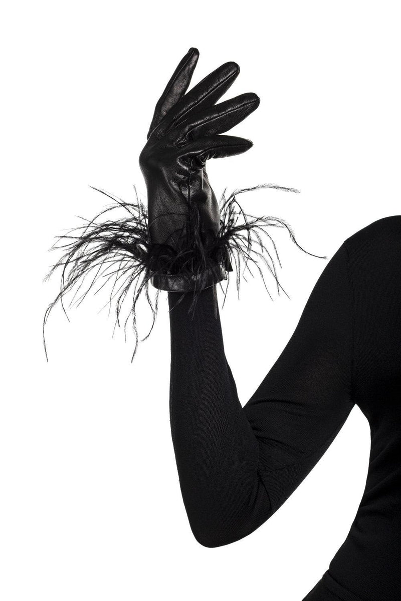 Damenhandschuhe aus schwarzem Leder mit Seidenfutter und Stulpe aus Straußenfedern -Simone