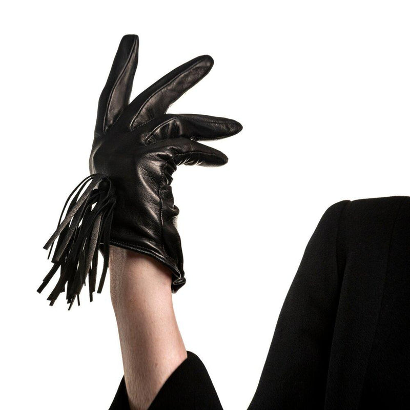 Damenhandschuhe aus schwarzem Leder mit Seidenfutter und Fransendetail-Rhona