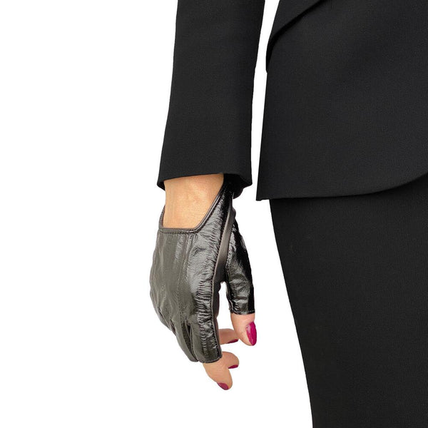 Fingerlose schwarze Lederhandschuhe für Damen-Anastasia Anguila