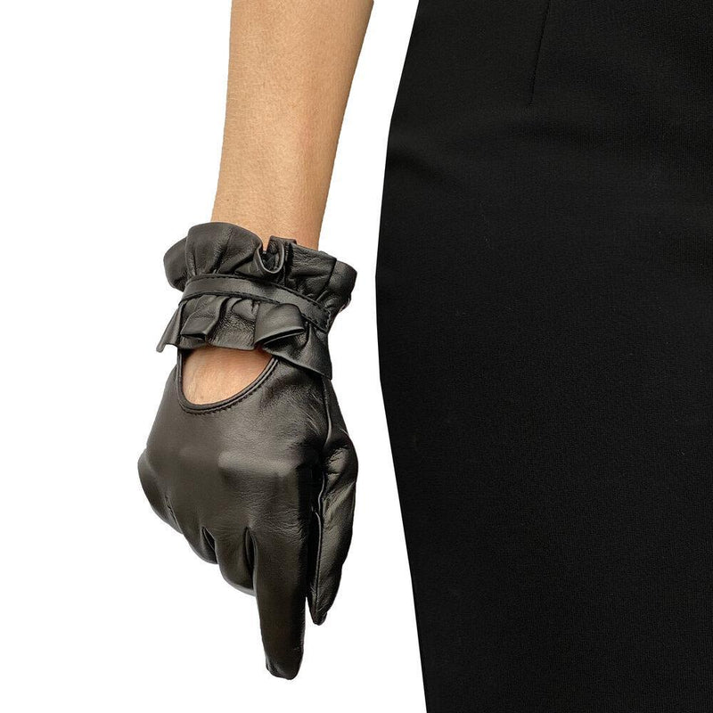 Schwarze Lederhandschuhe aus Lammleder für Damen mit gerafften Bündchen am Rücken-Haylee