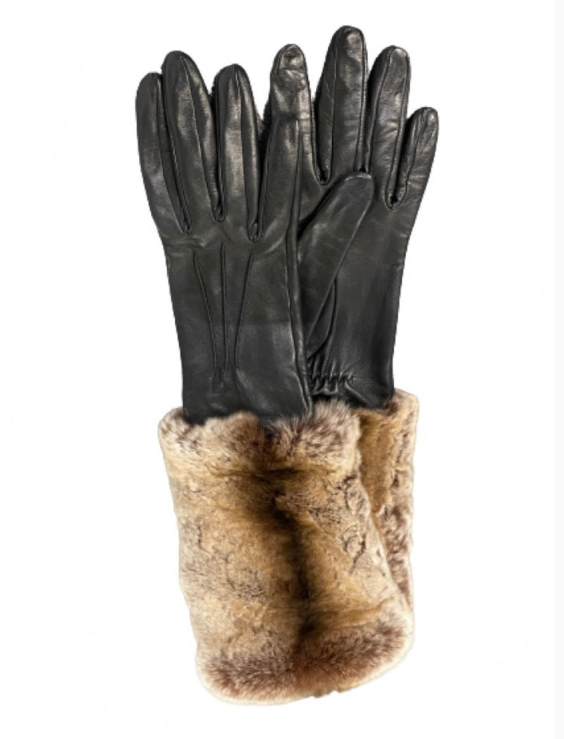 Schwarze lange Lederhandschuhe für Damen mit Rex-Pelz-Manschetten-Veronique 6bt