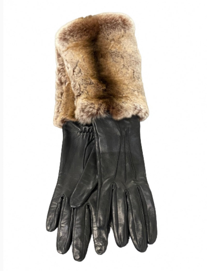 Schwarze lange Lederhandschuhe für Damen mit Rex-Pelz-Manschetten-Veronique 6bt