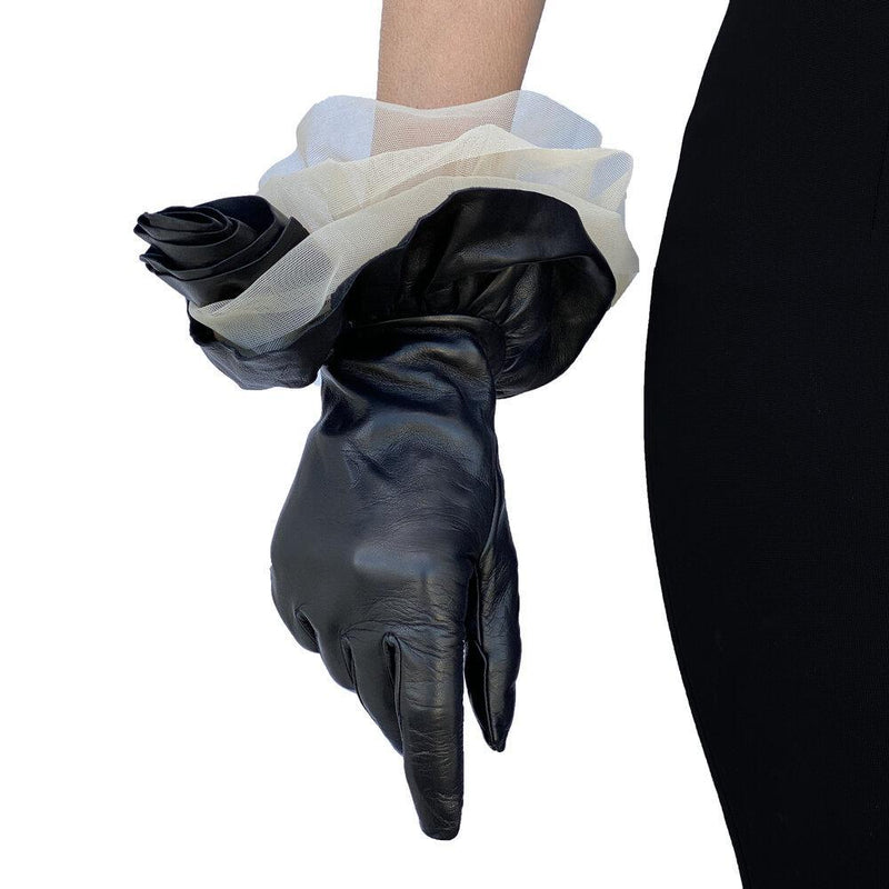 Damenseide gefüttert ausgestellte Manschette schwarze Lederhandschuhe-Issey