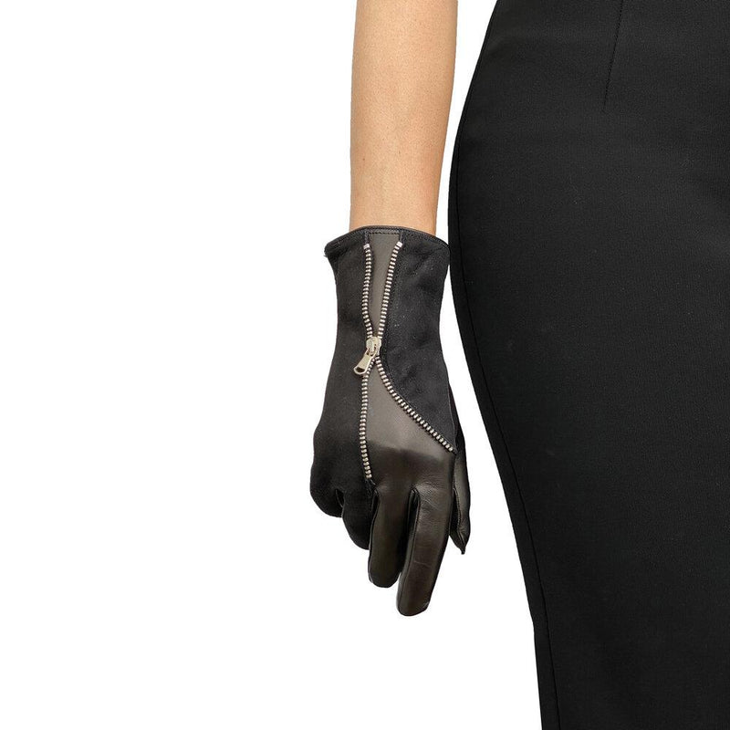 Gebogener Lederhandschuh mit offenem Reißverschluss für Damen-Jacqueline 3