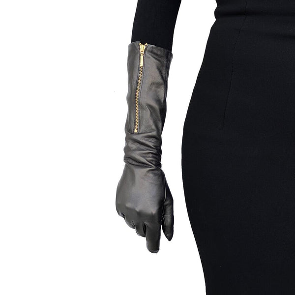 Ellbogenlange Lederhandschuhe mit Reißverschluss für Damen - Jacqueline 8BT