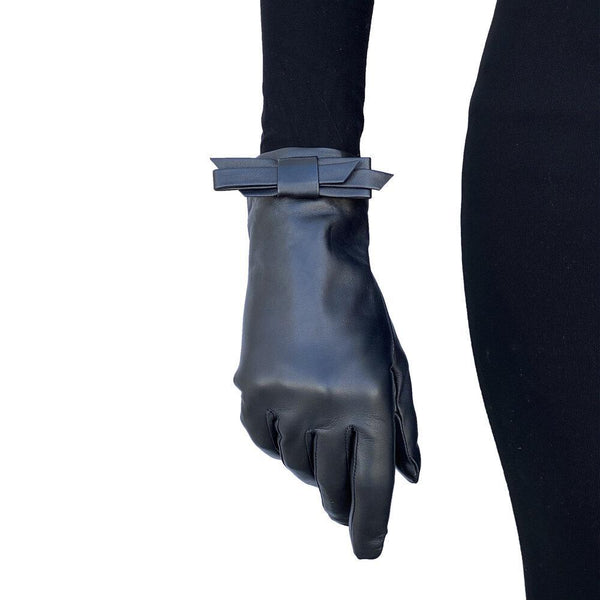 Schwarze Lederhandschuhe für Damen mit klassischer Schleife-Meryl