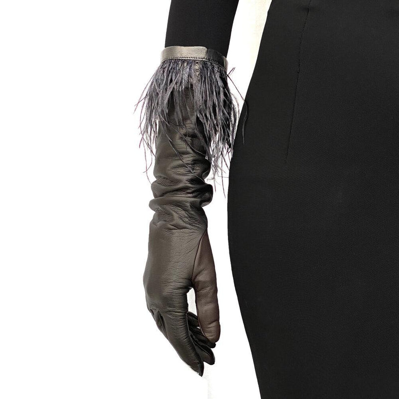 Mit Seide gefütterte Lederhandschuhe für Damen mit Bündchen aus Straußenfedern-Simone 8BT